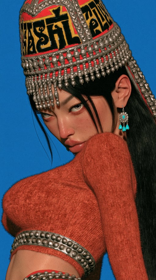 Stylized young woman wearing an ornate silver headdress and orange knit top against a solid blue background.