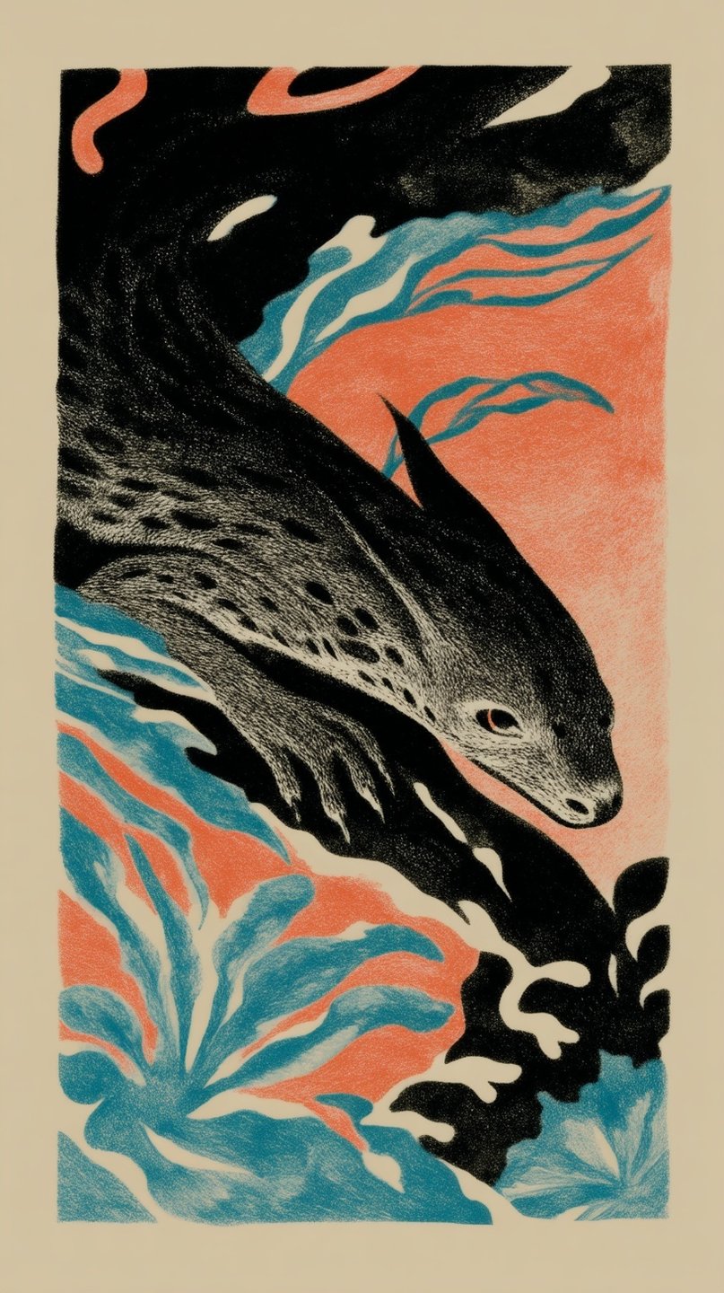 A spotted seal dives through stylized teal waves against a coral background in a grainy graphic illustration.