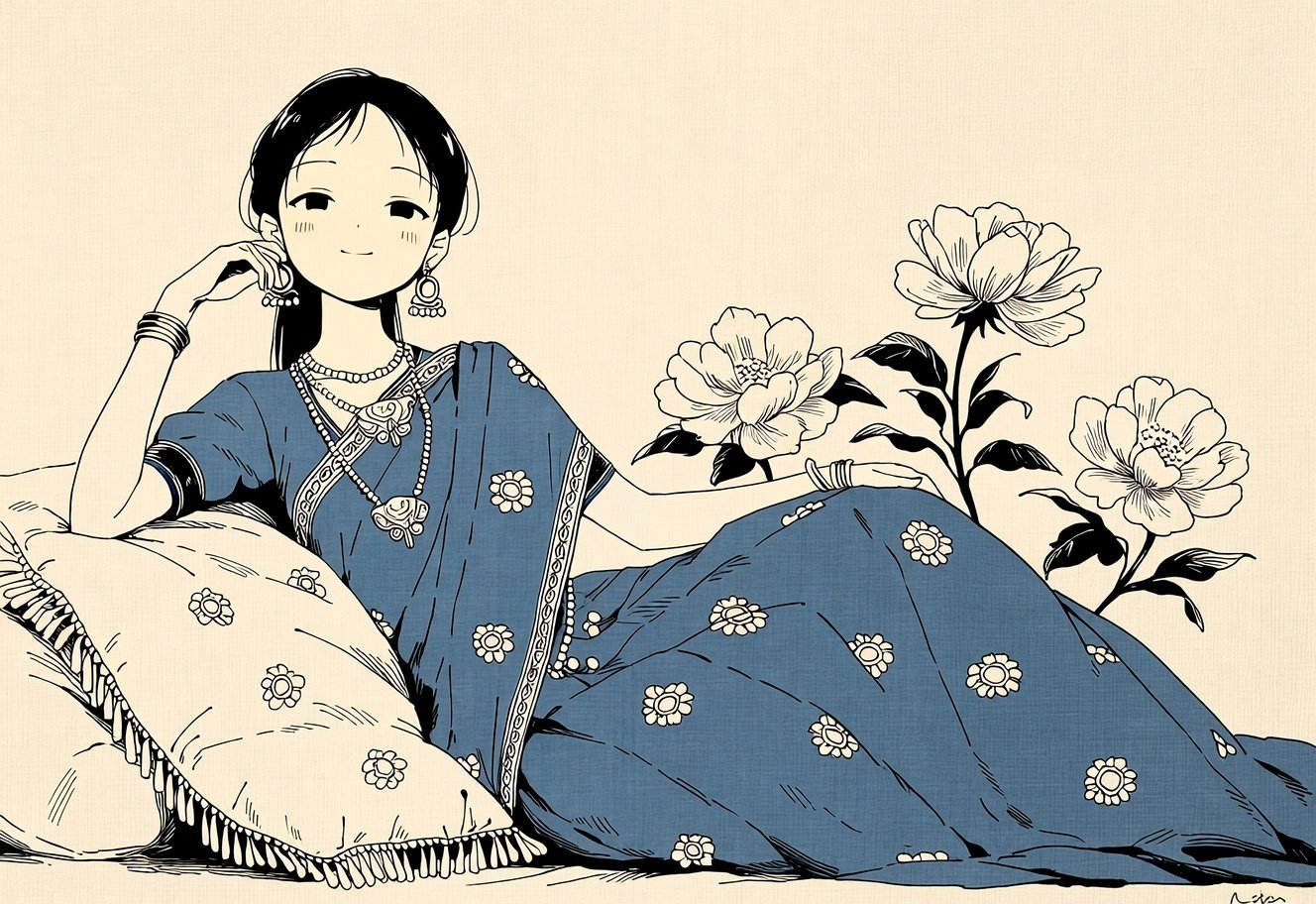Woman in a blue floral sari reclines on tasseled pillows surrounded by large black and white flowers.