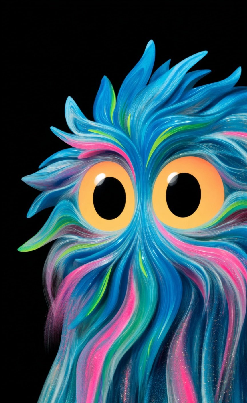 Close-up of a whimsical blue furry creature with large orange eyes against a solid black background.