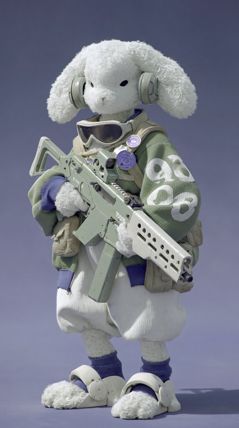 A plush white rabbit character wearing a green knit sweater and tactical gear holds a green rifle.