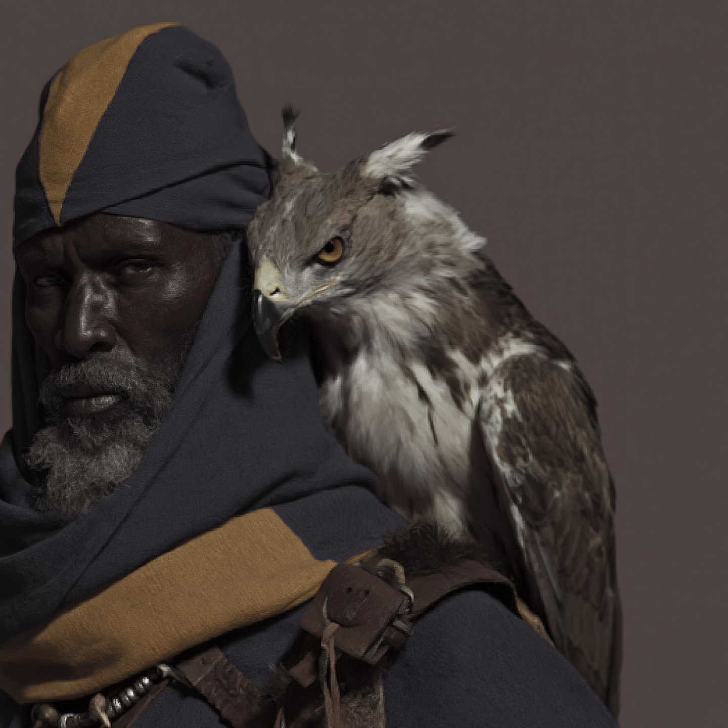 Older nomadic man wearing a blue and ochre headwrap with a crested hawk perched on his shoulder.