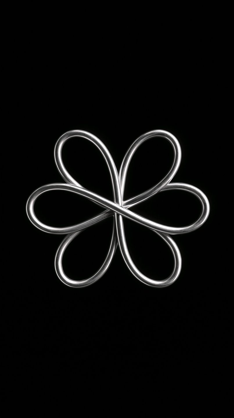 Polished chrome knot sculpture with reflective metallic loops centered against a solid black background.