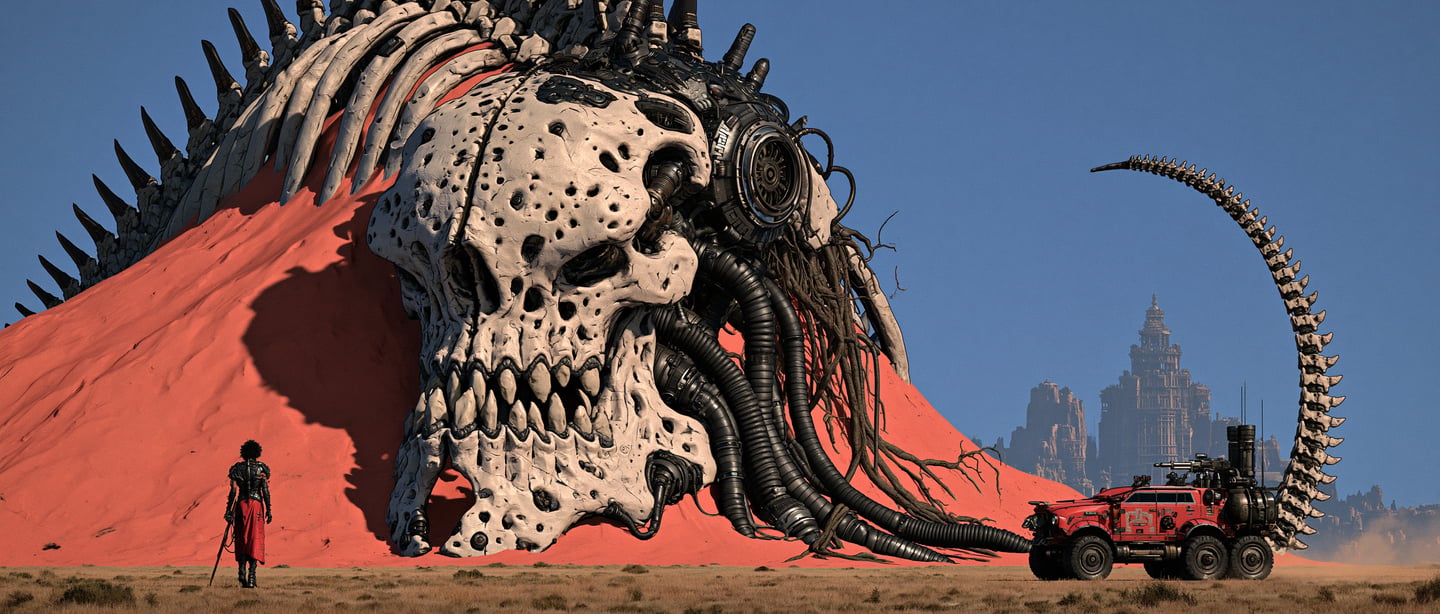 Massive biomechanical skull monument with ribcage wings embedded in a vast red sand desert under a clear sky.