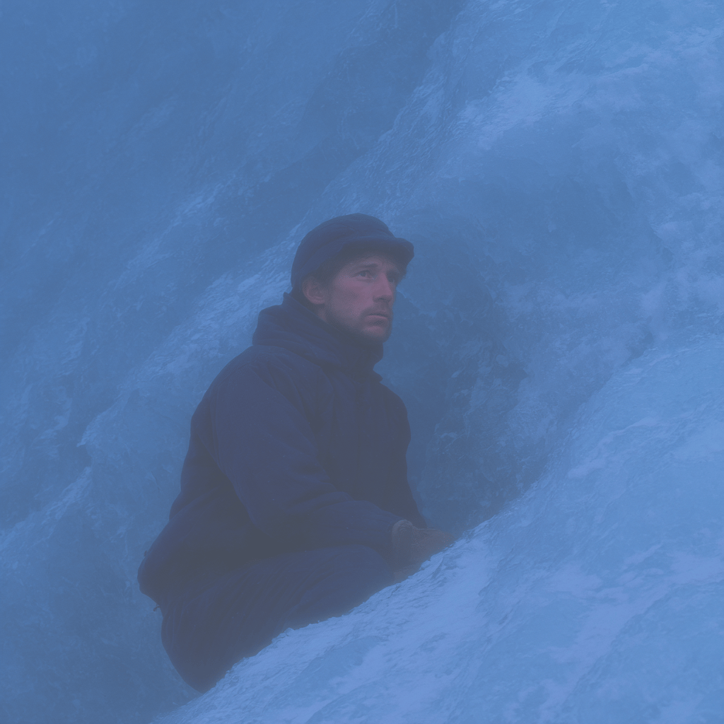 Mountaineer in blue winter gear huddles against a frozen ice wall amidst dense blue glacial mist.