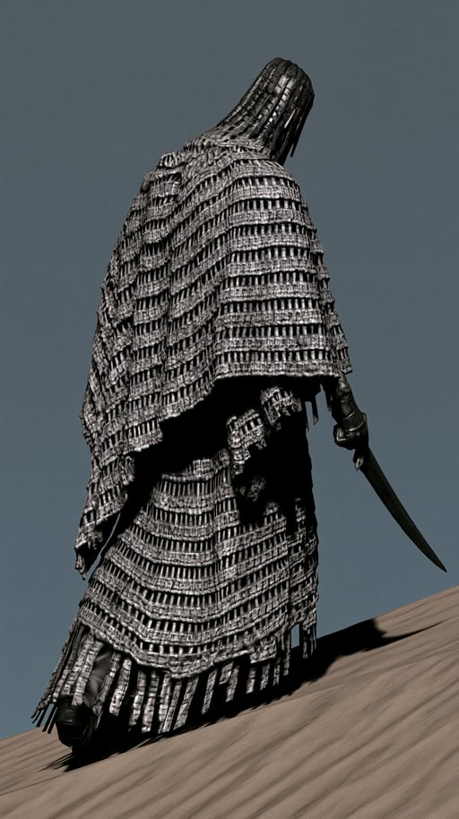 An armored warrior in a textured grey cloak walks up a sandy dune holding a sword.