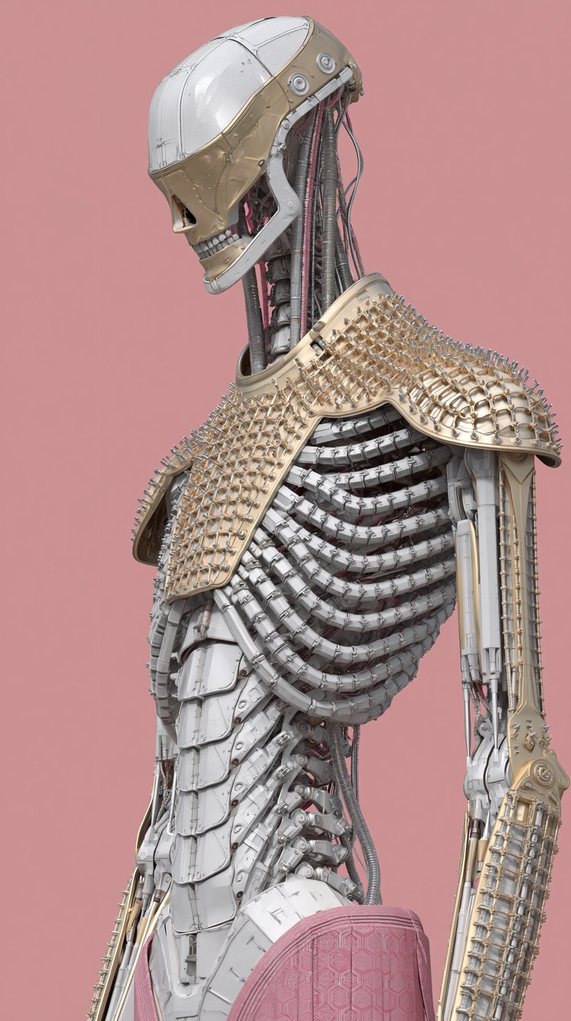 A detailed biomechanical android with gilded spiked armor and a segmented white ribcage against a pink background.