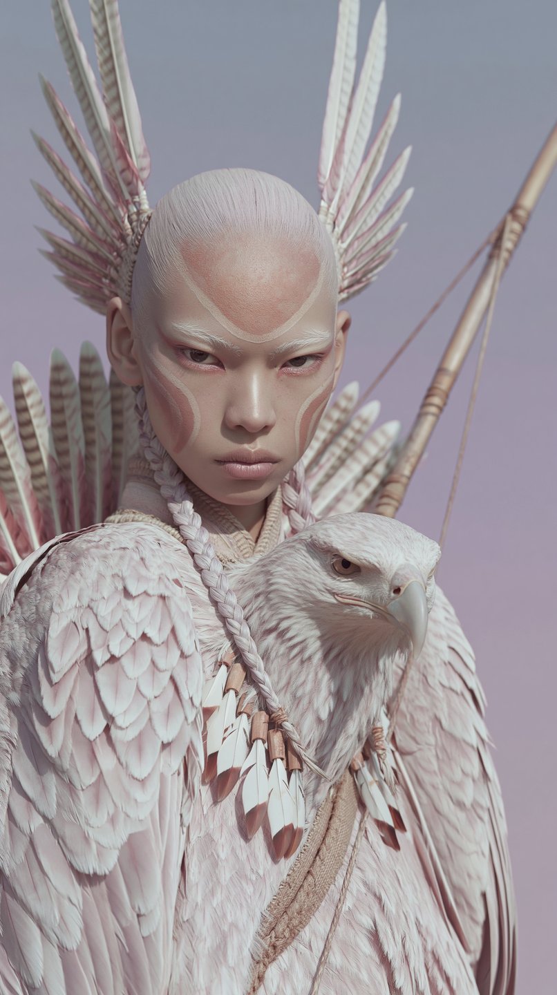 Young tribal archer in pink feathered attire with a white eagle perched on her shoulder against lavender.