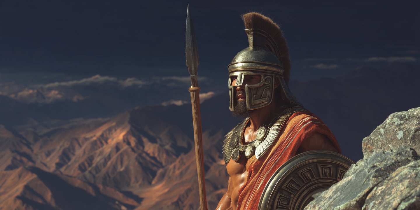 Spartan warrior in bronze armor and helmet holding a spear on a rocky mountain peak overlooking distant valleys.