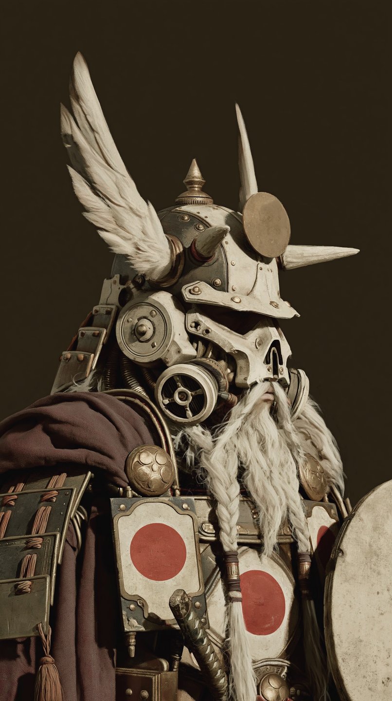 Steampunk samurai warrior with a winged helmet, braided white beard, and gas mask in profile.