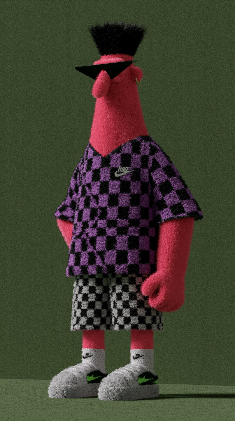 Fuzzy pink character wearing a checkered shirt, sunglasses, and sneakers stands against a green wall.
