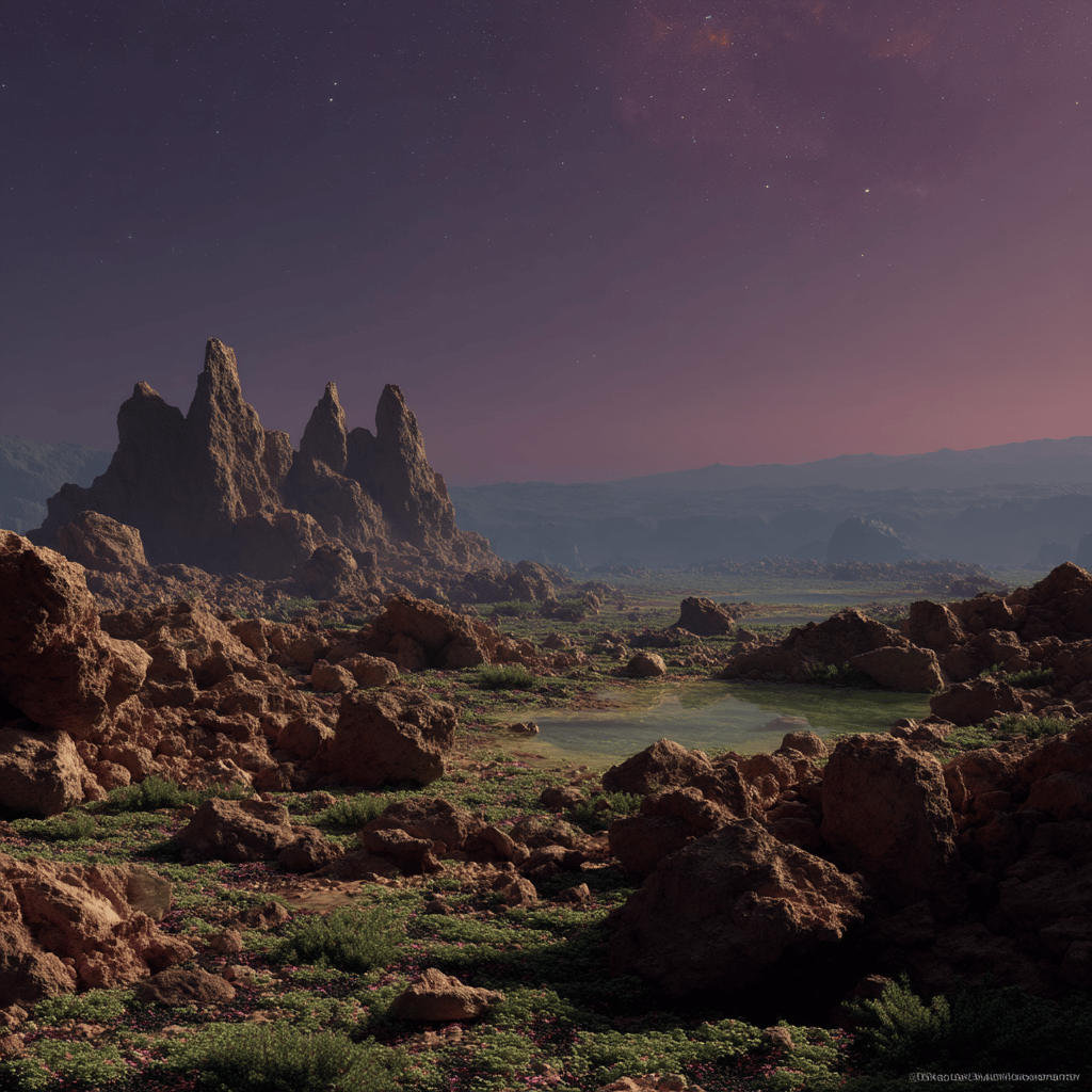 Rugged alien landscape with sharp rock peaks, a small green pond, and a starry violet sky.