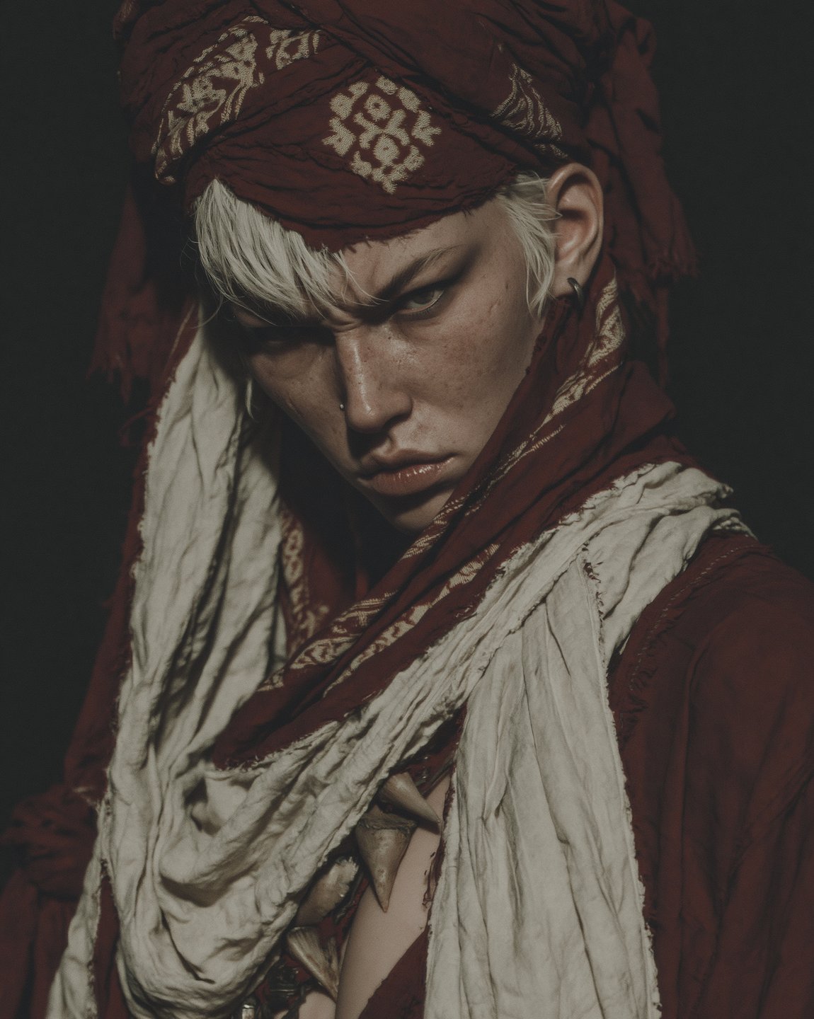 Close-up portrait of an intense young adult with white hair wearing a red patterned turban and scarf.