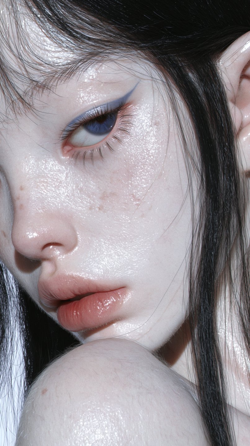 Close-up of a pale model with dewy skin, blue winged eyeliner, freckles, and a pointed ear.