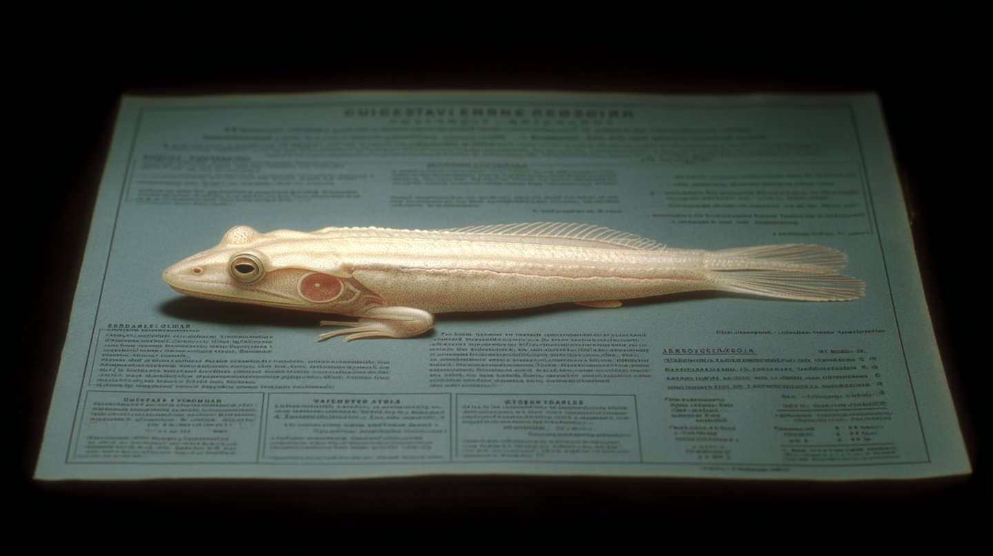 Translucent pale aquatic hybrid creature rests centrally on a teal scientific document featuring complex text and diagrams.