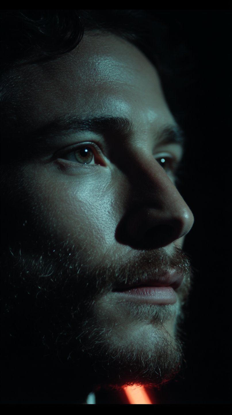Close-up of a bearded man's face illuminated by dramatic teal light against a dark, shadowy background.