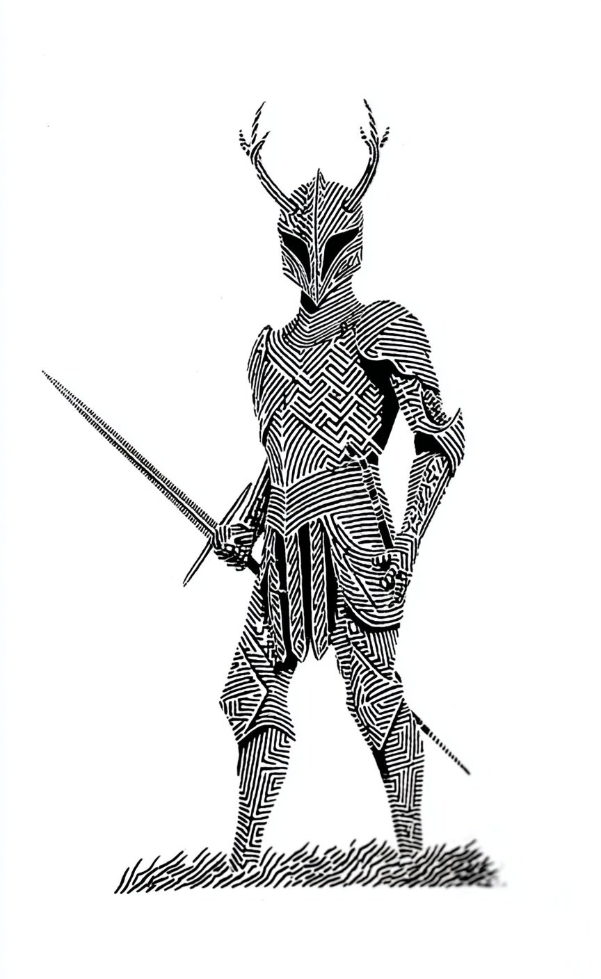Antlered knight composed entirely of intricate black and white parallel lines holding a longsword on grass.