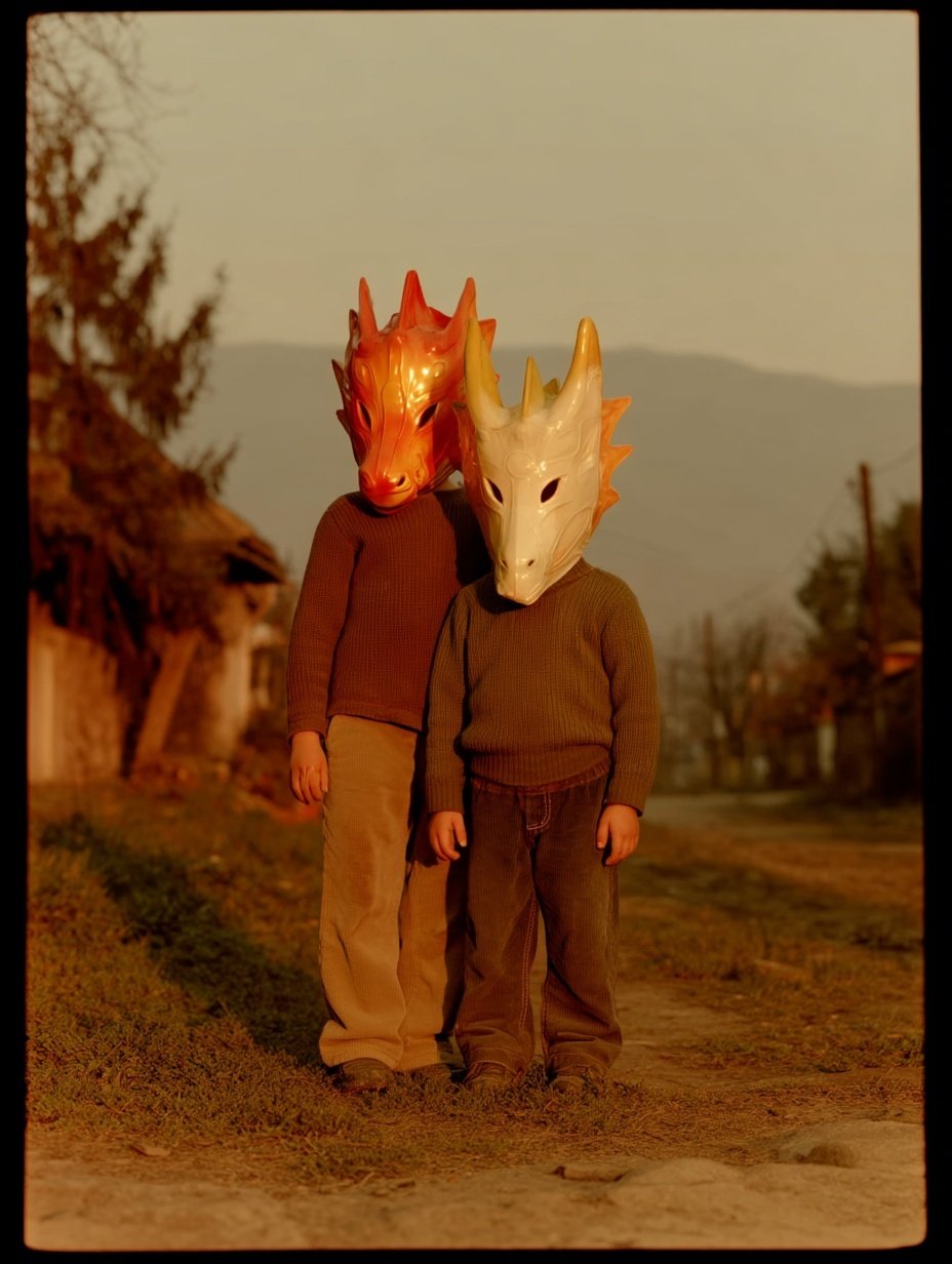 Two children wearing large dragon masks stand on a dirt path in warm golden hour sunlight.