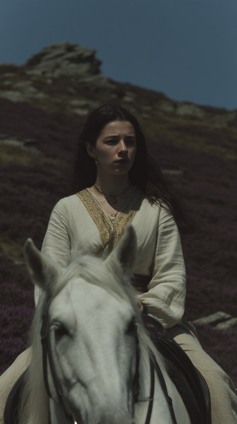 A woman in a gold-trimmed tunic rides a white horse through a purple heather-covered rocky hillside.