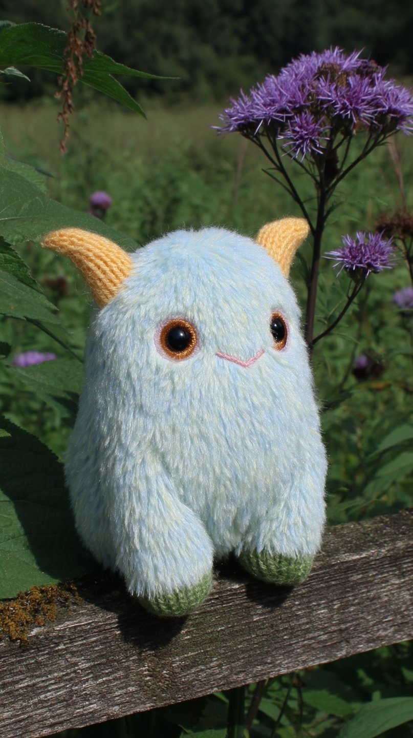 Small blue fuzzy creature with yellow horns sits on a wooden fence before purple meadow flowers.