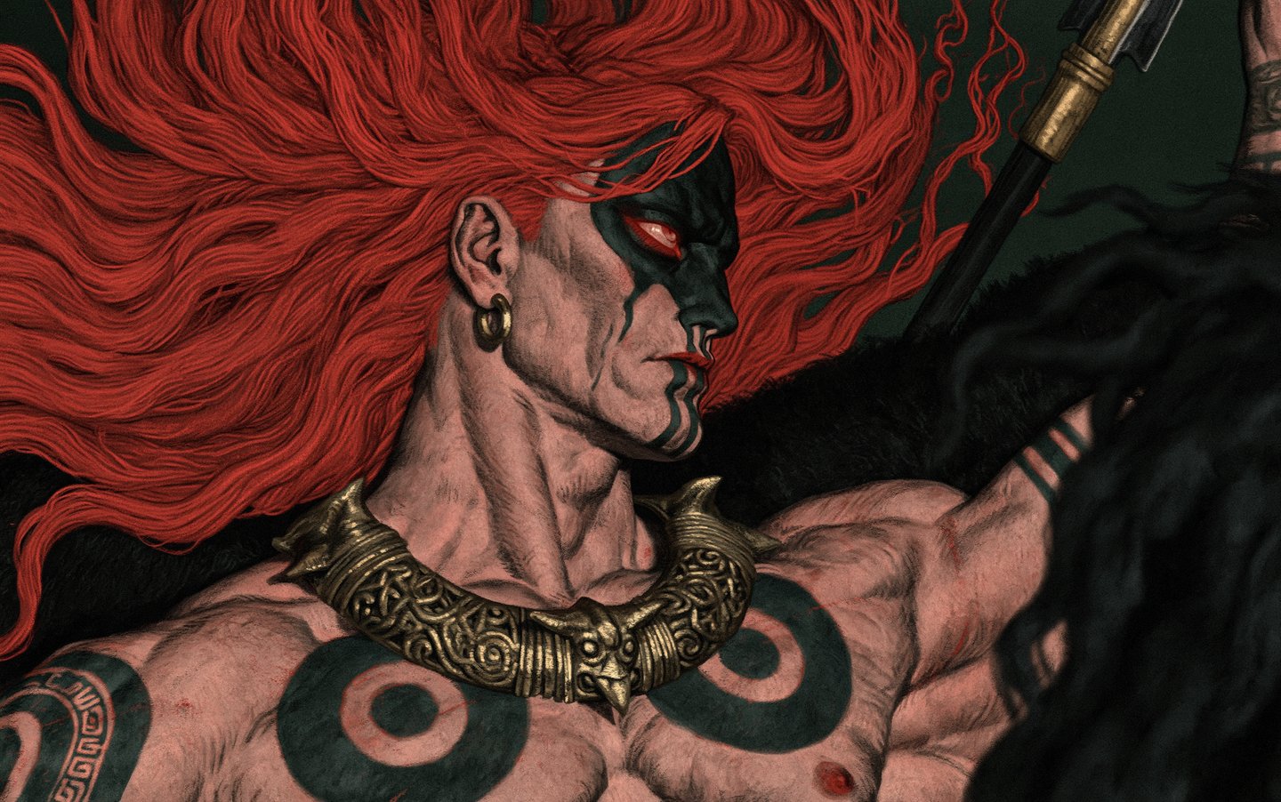 Red-haired warrior with black war paint and a golden torc rides a chariot holding a spear.