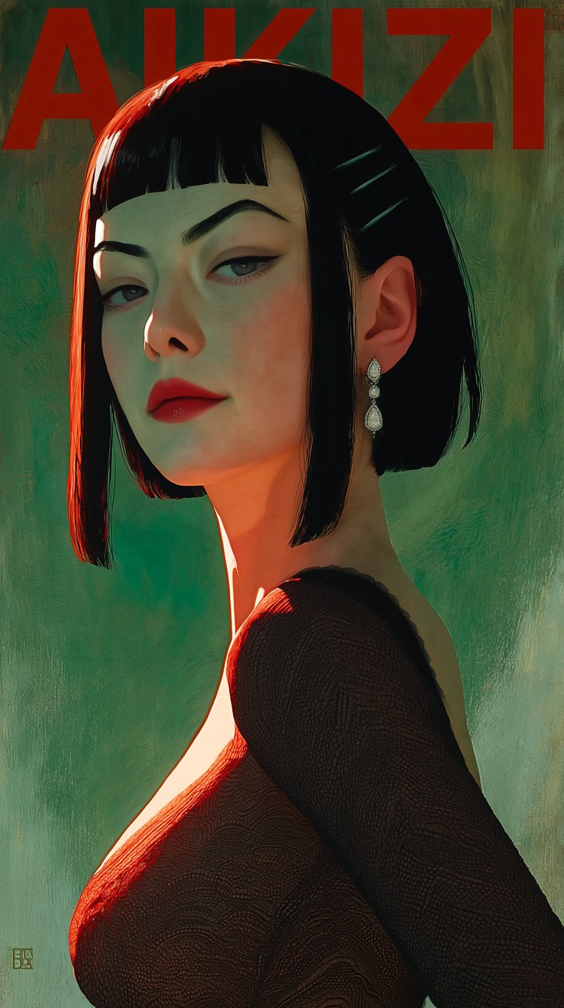 Woman with sharp black bob and red lipstick poses against a green background with red block lettering.