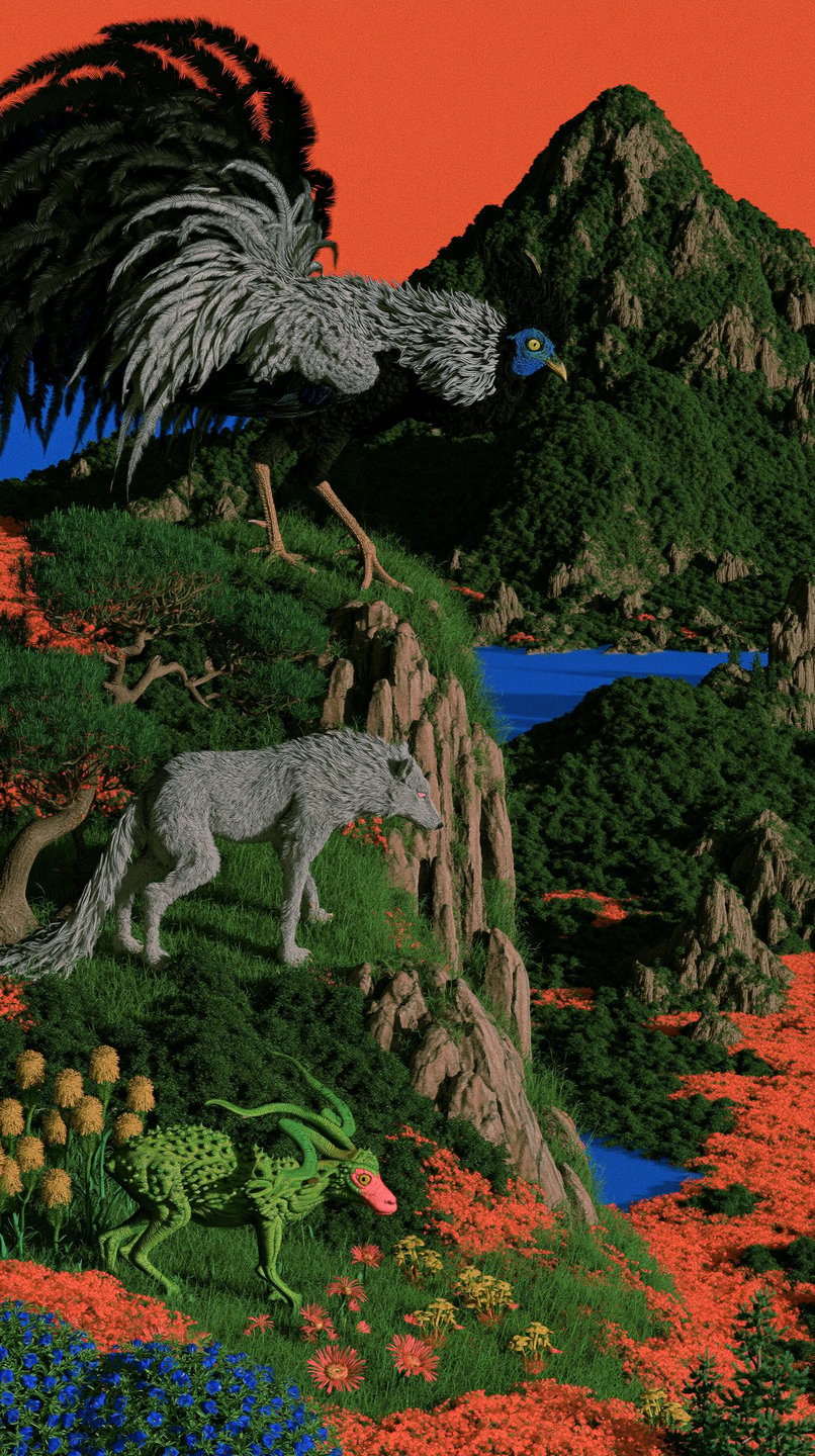 Stylized mythical beasts stand on steep green cliffs against a vibrant orange sky in a surreal landscape.