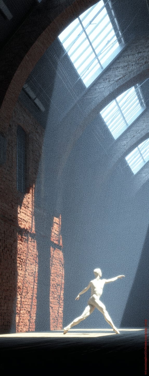 Male figure in a dynamic lunge pose illuminated by dramatic light shafts within a brick industrial hall.