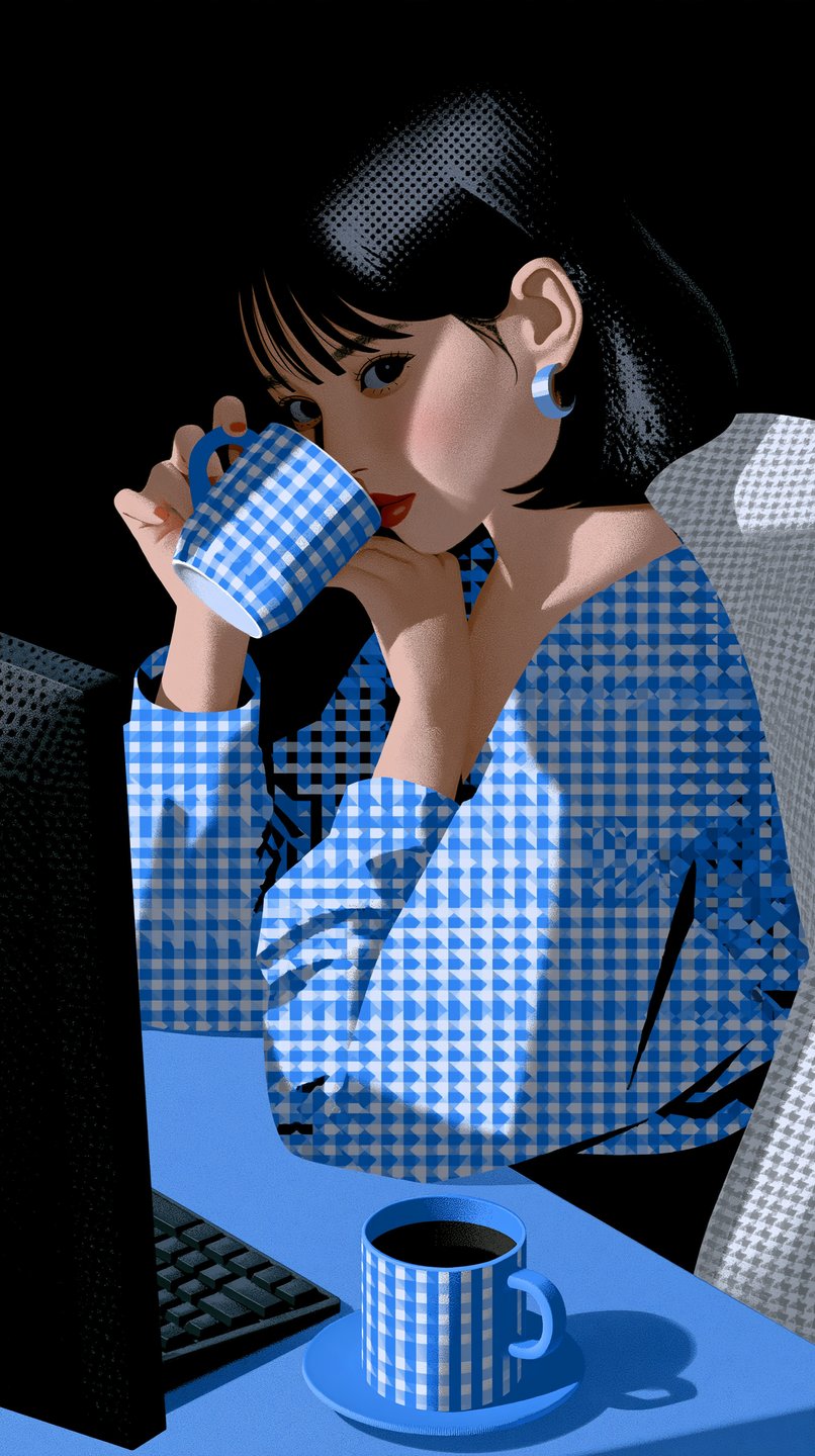 A retro-style digital illustration of a woman with a black bob drinking coffee at a computer desk.