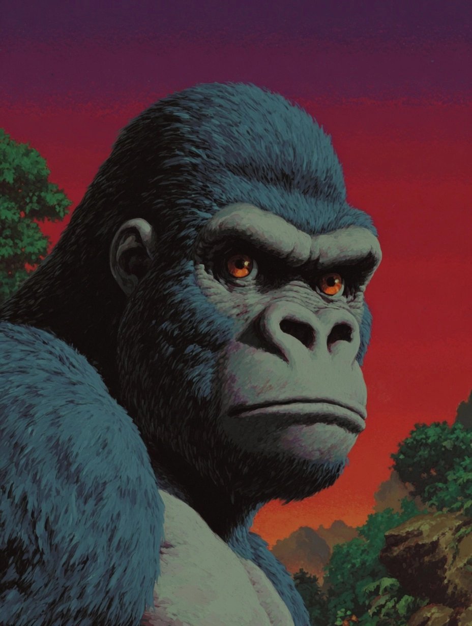 Majestic silverback gorilla with amber eyes gazing stoically against a vibrant red and magenta sunset sky.