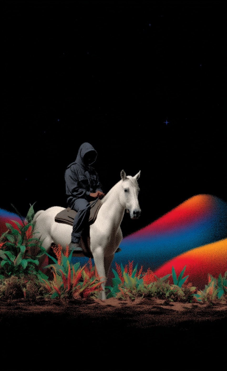 Faceless hooded rider on a white horse traversing a stylized landscape with neon gradient hills and stippled foliage.