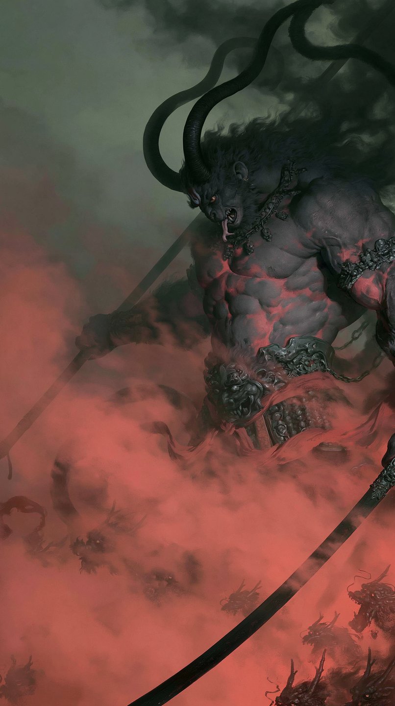 A muscular, dark-skinned horned demon stands amidst swirling red mist, holding two long black staves.