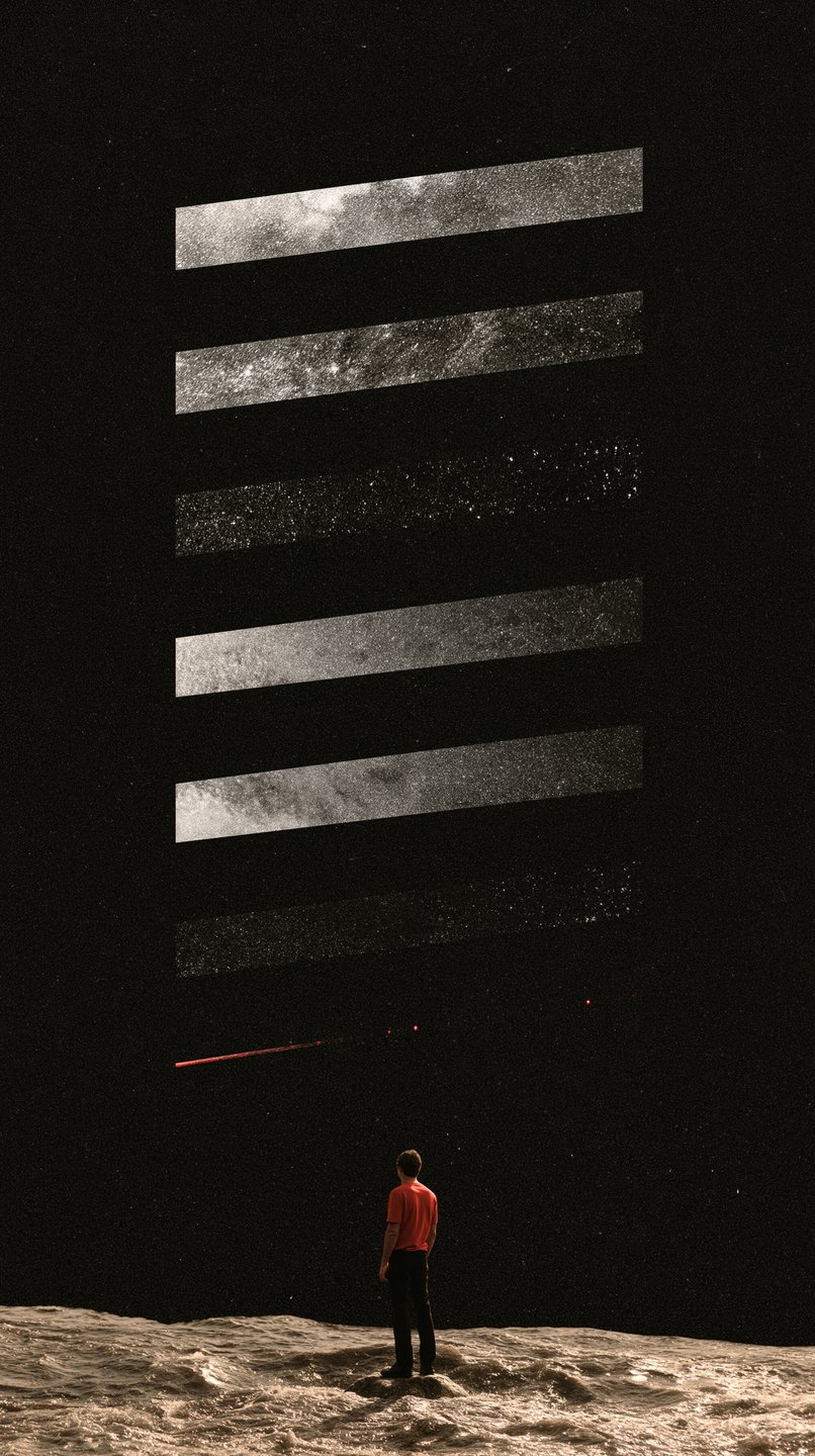 A man in a red shirt stands on textured ground looking up at horizontal bars of starry galaxies.