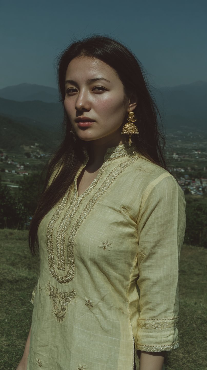 Young woman in embroidered yellow tunic and gold jhumka earrings standing before a vast mountain valley.