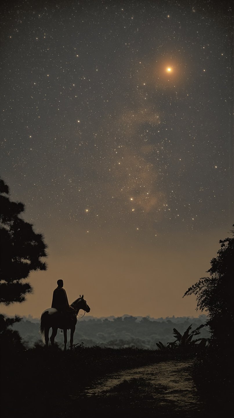 Silhouette of a person on a horse looking at a vast starry sky with a bright planet.