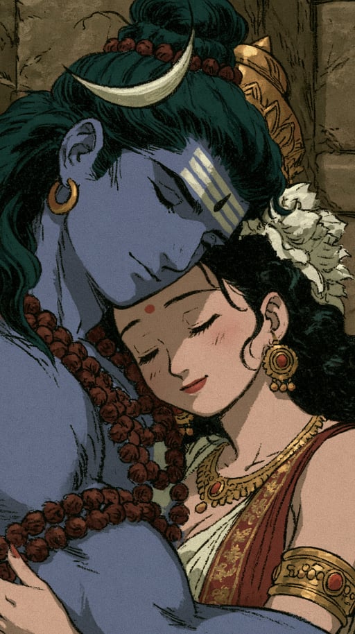 Retro anime style portrait of blue-skinned Lord Shiva and Goddess Parvati embracing with closed eyes.