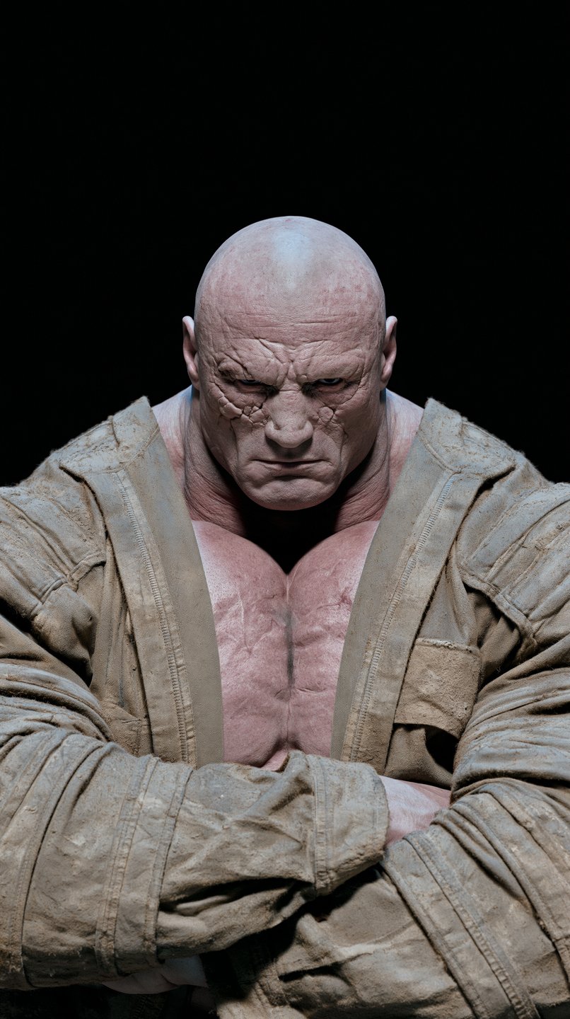 Muscular bald man with facial scars and crossed arms wearing a textured tan jacket against black.