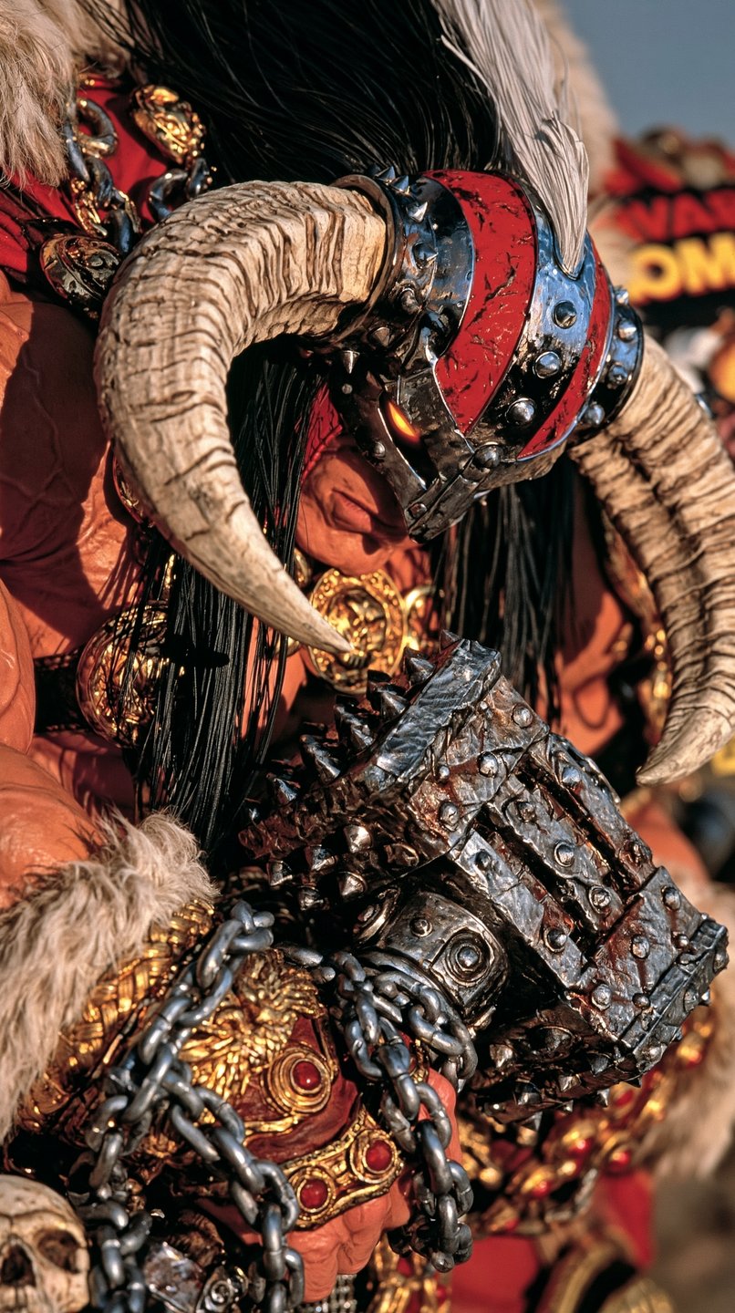 Close-up of a horned fantasy warrior in red and silver armor holding a chained, spiked mace.