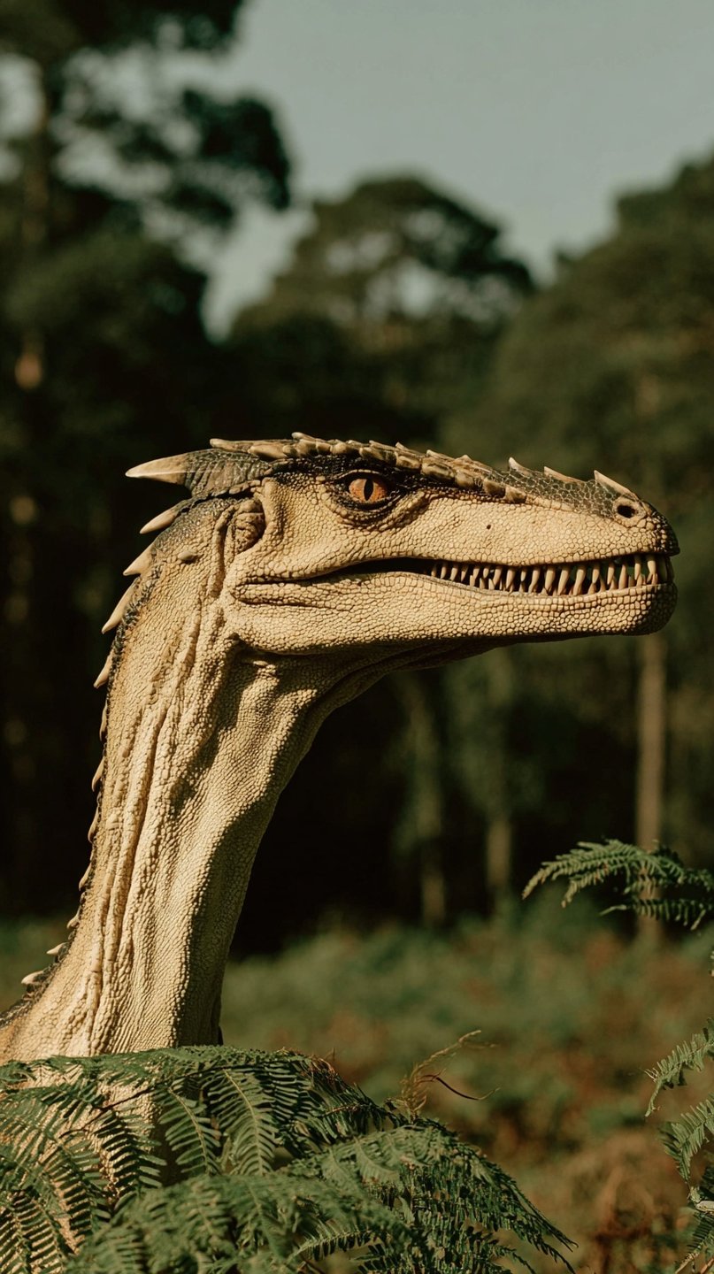 Profile of a realistic raptor dinosaur with amber eyes and sharp teeth in a dense forest.
