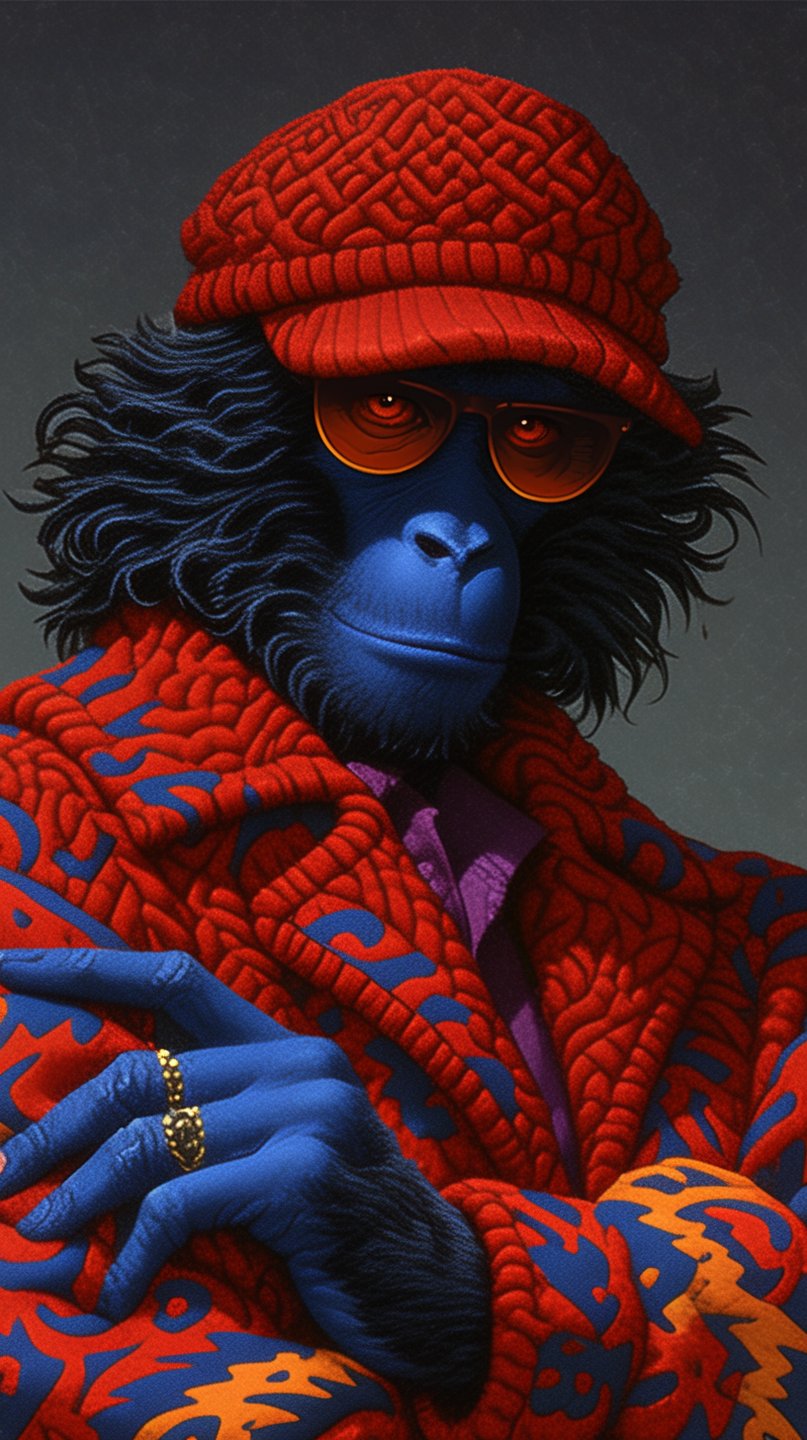 Blue chimpanzee wearing a red patterned newsboy cap and coat with orange sunglasses and gold ring.