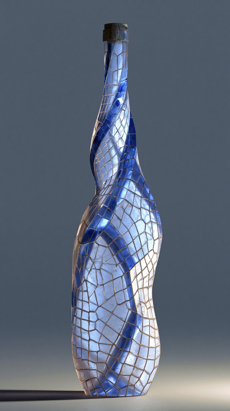 A twisting blue mosaic glass bottle with a dark stopper stands against a neutral studio background.