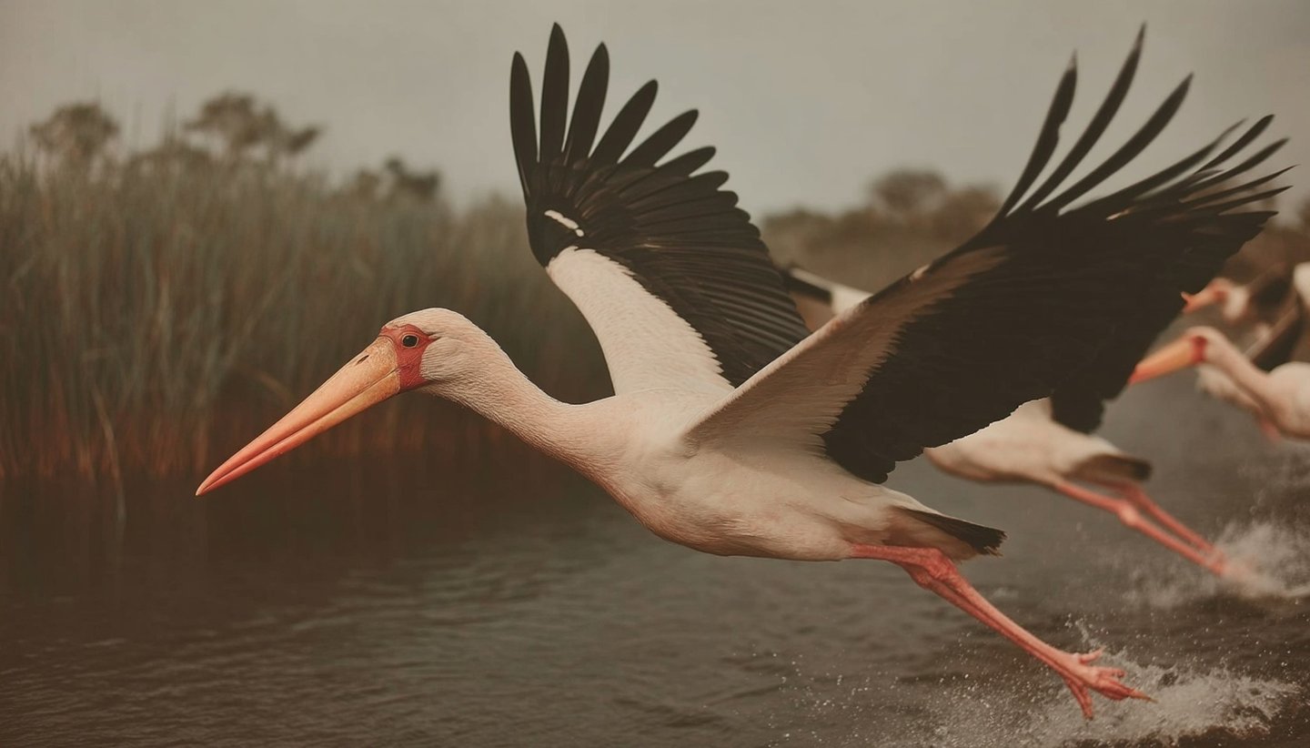 Yellow-billed stork with black-tipped wings takes flight from water, creating splashes against a muted marshland background.