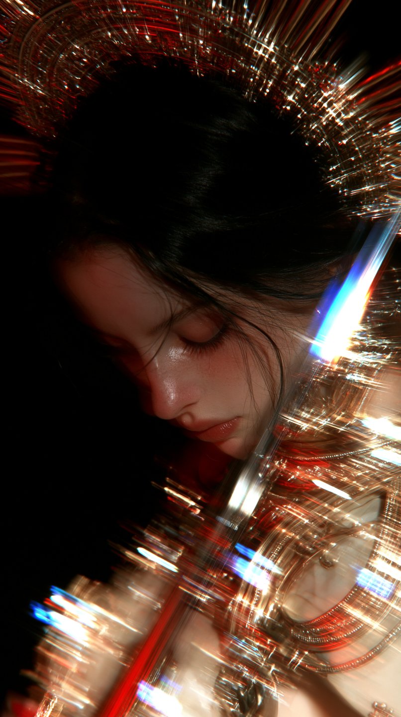 A young woman with closed eyes bows her head amidst brilliant golden and red prismatic light flares.