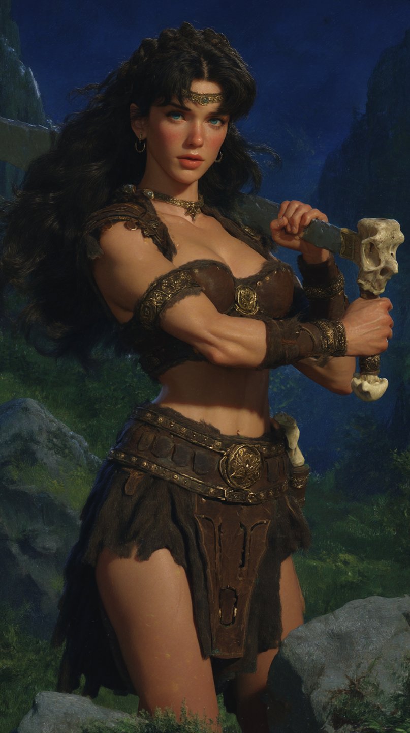 A muscular female warrior in leather and fur armor holds a skull-pommel sword against a dark rocky landscape.