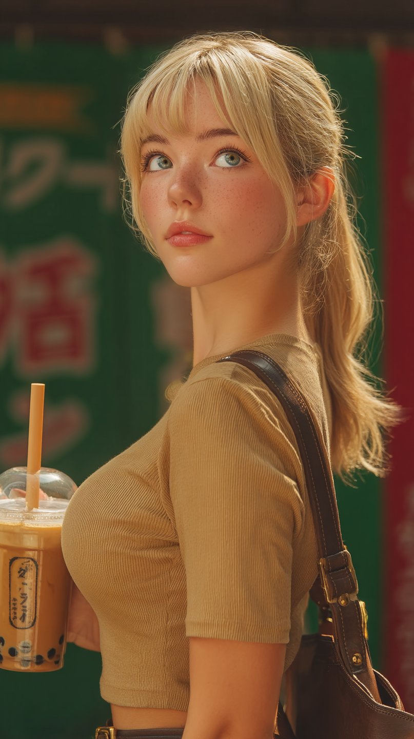 Freckled blonde woman in a tan shirt holding boba tea against a blurred green city background.