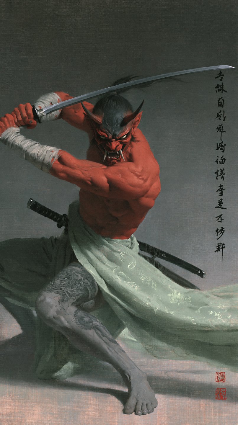 Crimson-skinned oni demon samurai with a leg tattoo holds a katana overhead in a dynamic stance.
