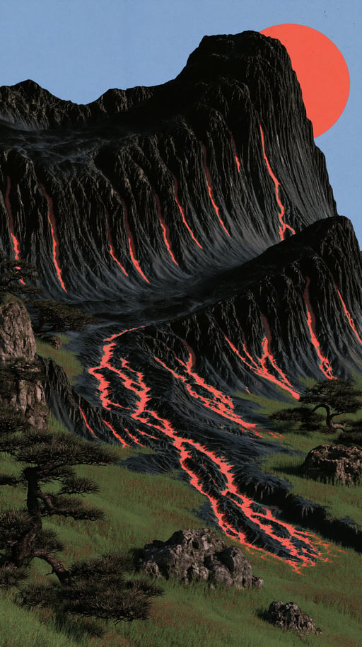 A dark volcanic mountain with glowing red lava streams flowing into green fields beneath a flat red sun.