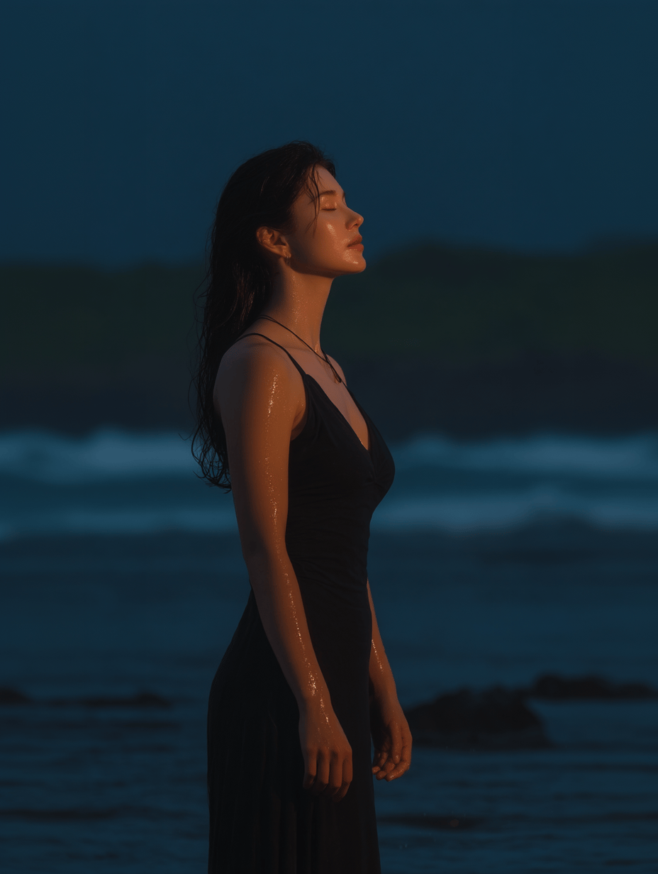 Woman in a black dress stands on a dark beach, eyes closed, catching the golden sunset light.