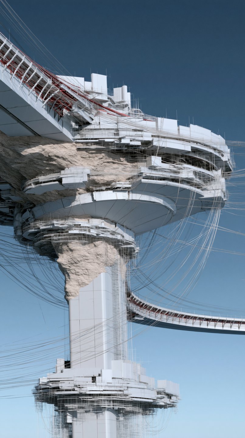Futuristic white concrete megastructure built around a natural rock column against a clear blue sky.