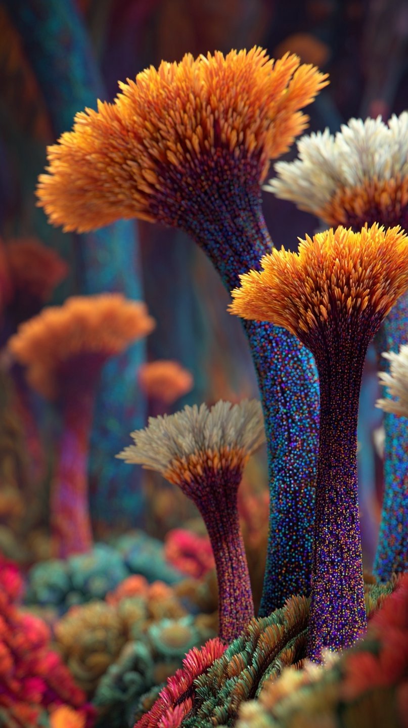 Macro view of bioluminescent alien plants with orange feathery tops and iridescent purple stippled stalks.